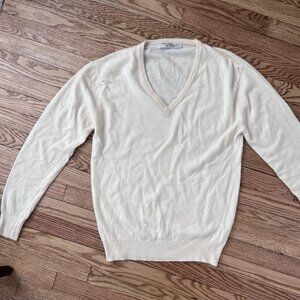 John Smedley 100% Cashmere Sweater Cream Ecru V-Neck Knit Pullover Sz Men's 42 L